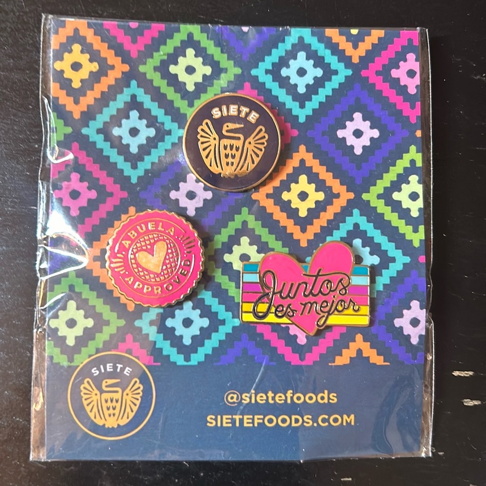 Unopened 3 pack collector pins. Siete foods.